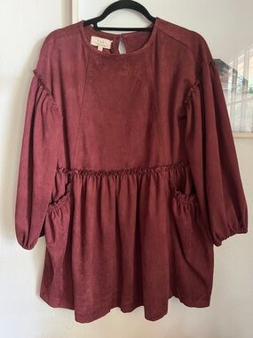 Boho Maroon Velvet Bishop
Sleeve Flowy Short Dress with Pockets